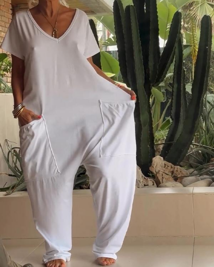 Yelena™ - Lässiger V-Ausschnitt Einfarbiger Jumpsuit