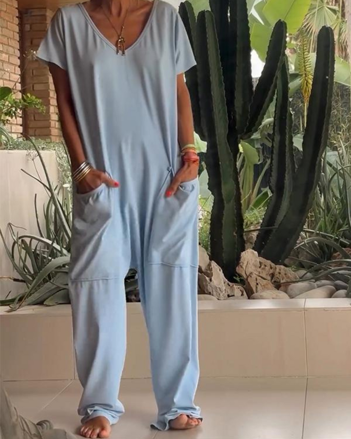 Yelena™ - Lässiger V-Ausschnitt Einfarbiger Jumpsuit
