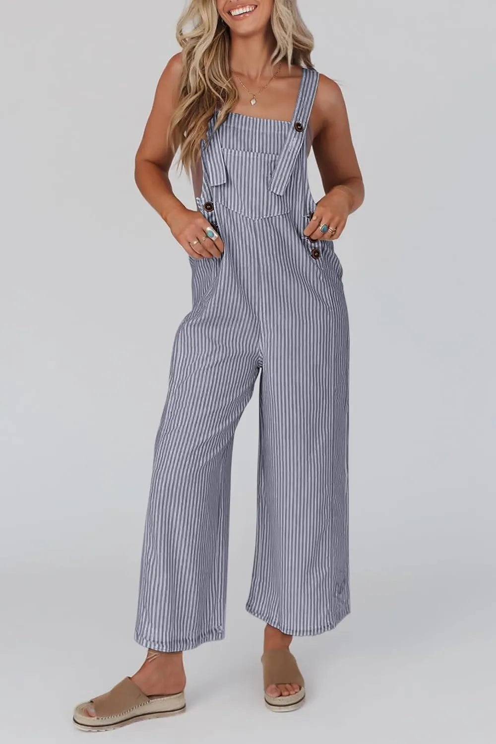 Erin™ - Damen Button Gestreifter Weitbeiniger Jumpsuit