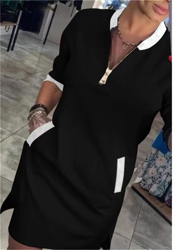 MADELINE – MODERNES GRAUES EINTEILIGES KLEID MIT REISSVERSCHLUSS AM HALS UND TASCHEN