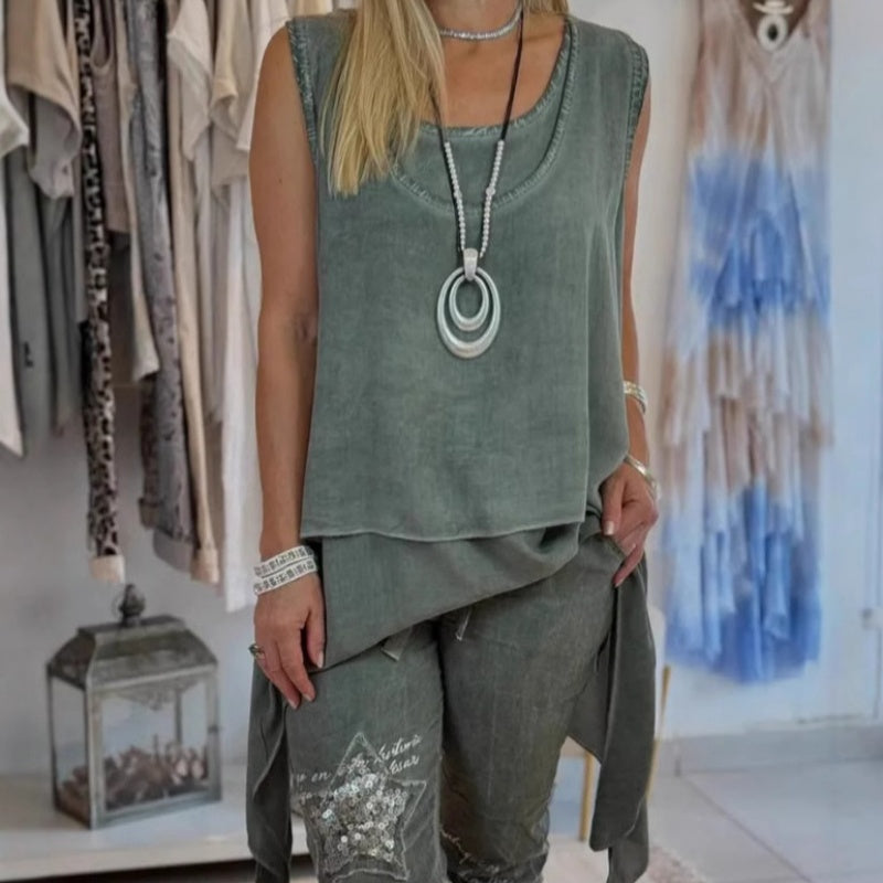 Olive™ - Damen Zweiteiliges Set: Ärmelloses Oberteil und Bedruckte Hose