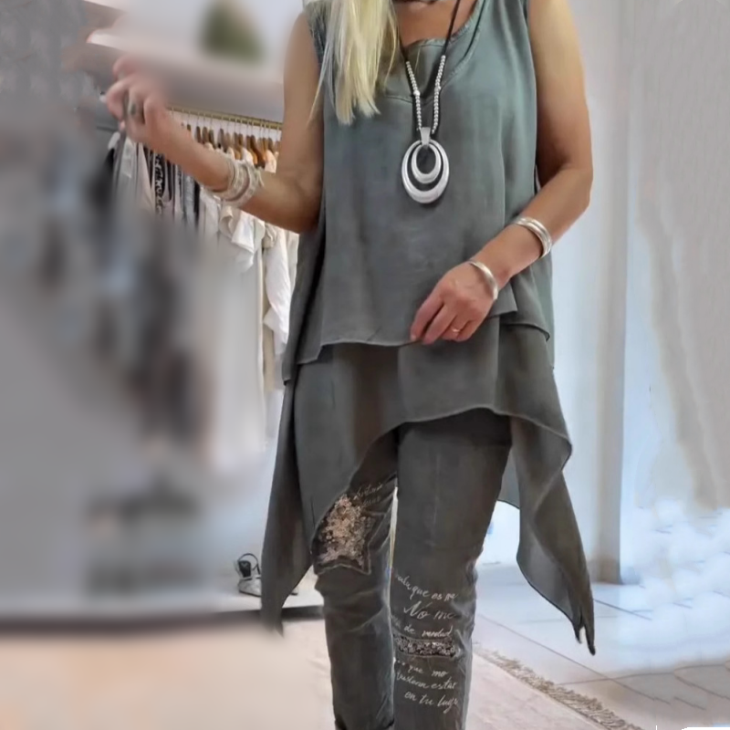 Olive™ - Damen Zweiteiliges Set: Ärmelloses Oberteil und Bedruckte Hose